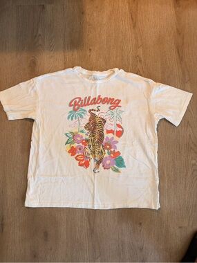 Billabong White Tee with Tiger & Tropical Floral Graphic